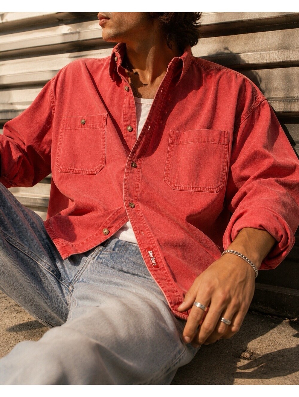 Vintage Marlboro Adventure Team Red Twill Button Up Shirt 100% Cotton Oversized
